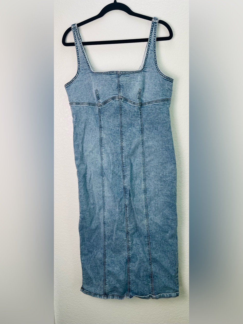 Wild Fable Denim Midi Dress Light Wash Bodycon Square Neck Side Slit Large - Picture 3 of 14